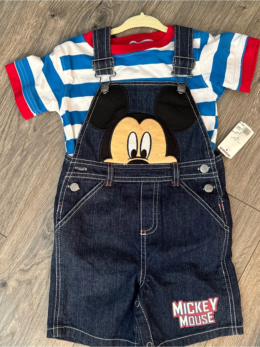 Disney Mickey Mouse Denim Shortalls with Blue, White & Red Striped Tee